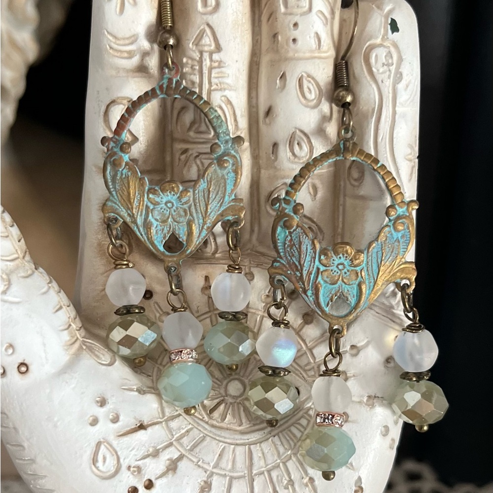 Art Nouveau Style Verdigris Earrings Czech Glass Drops - Picture 8 of 15